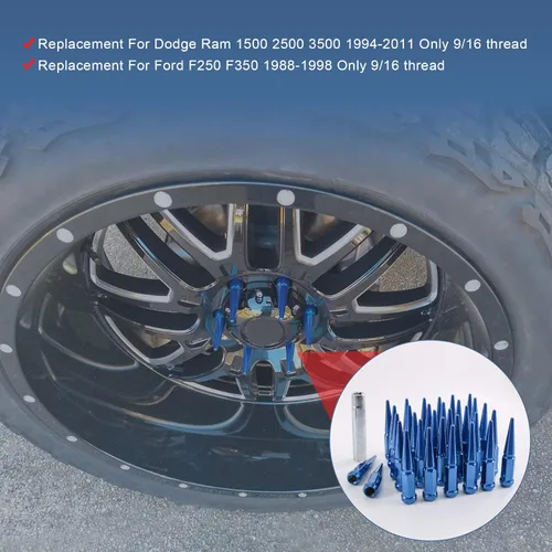 Miniatura 3 de Tuercas de pico con paso de rosca 9/16-18, 32 piezas, azules, asiento cónico con 1 llave de tuerca, reemplazo para Dodge Ram 1500 2500 3500