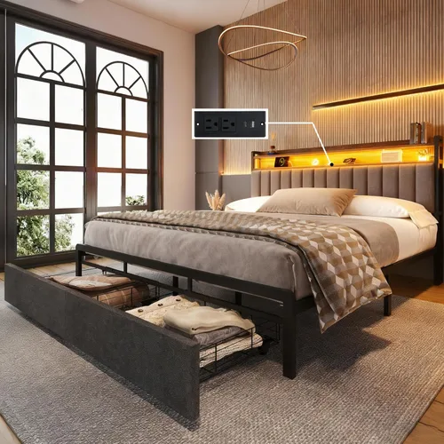Miniatura 11 de Ailisite Marco de cama plataforma tamaño Queen con cabecero y cajones de almacenamiento, marco de cama plataforma tapizado gris con puerto de carga