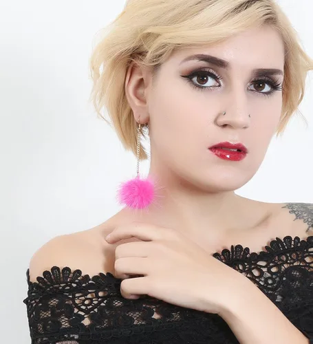 Miniatura 2 de Boderier - Aretes colgantes con cadena dorada y pompones de piel de conejo para mujeres y niñas
