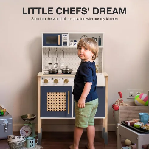 Miniatura 2 de ROBOTIME Cocina de Madera para Jugar, Juego de Cocina para Niños y Pequeñitos, Cocina de Juego para Niños con Luces y Sonidos, Cocina de Juguete Azul