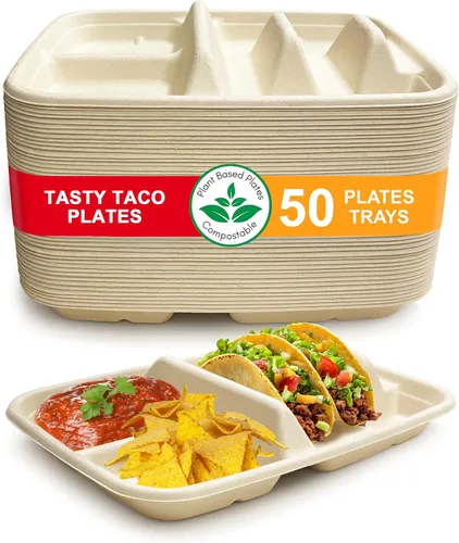 Platos desechables para tacos para 2 tacos y 2 guarniciones – PACK de 50 | Platos de papel premium con divisores, soporte para tacos de fiesta,