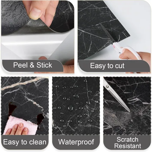 Miniatura 6 de VaryStyle - Azulejos de mármol negro para despegar y pegar, impermeables, de vinilo, para cocina y baño, amigables para inquilinos, adhesivos