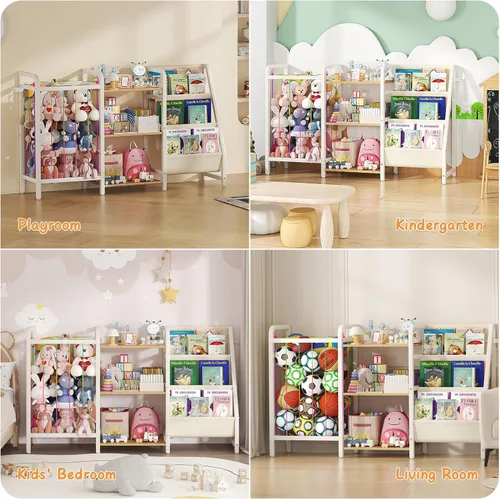 Miniatura 8 de B1 - Estantería infantil y almacenamiento de juguetes, estante de libros de 3 niveles para habitaciones de niños, estantería para bebés con Madera