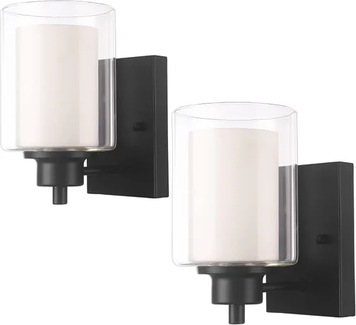 Paquete de 2 Luminarias de Tocador de Baño de 1 Luz, Luz de Pared Negra para Interiores con Pantalla de Vidrio Dual, Aplique de Pared de Baño Estilo