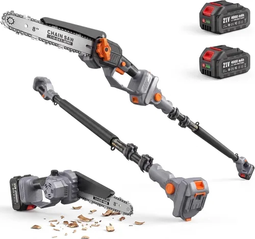 TaskStar Sierra de poste 2 en 1 para recorte de árboles, motosierra mini inalámbrica de 8 pulgadas con poste extensible, motor sin escobillas, con 2