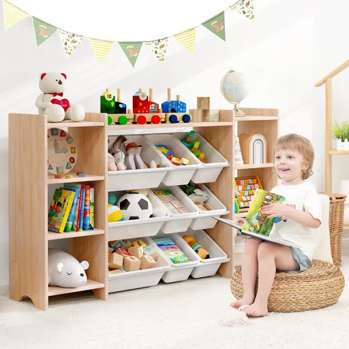 Miniatura 2 de MallBest Estante organizador de almacenamiento de juguetes para niños de 4 niveles, 100% madera maciza, armario de almacenamiento extra ancho