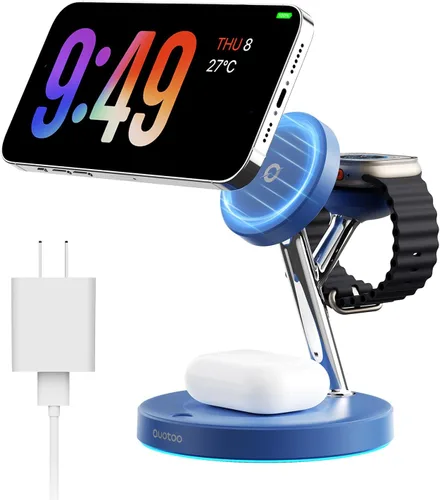 Miniatura 14 de Cargador inalámbrico 3 en 1 para iPhone, estación de carga magnética para la familia Apple con luz ambiental azul ajustable, soporte de cargador