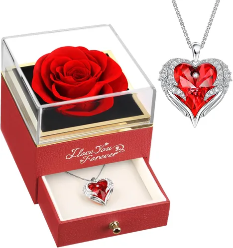 Miniatura 8 de NEWNOVE Rosa real preservada en color azul claro con collar de ángel, regalos de aniversario y cumpleaños para mujeres, esposa, novia, mamá, ideas