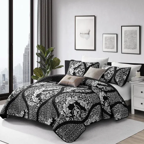 Miniatura 2 de DJY Juego de edredón negro tamaño Queen, juego de colcha de damasco bohemio, juego de ropa de cama de microfibra suave y ligera de 3 piezas