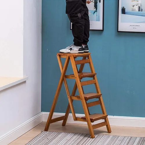 Miniatura 4 de Taburete de madera blanca con 4 peldaños antideslizantes para adultos y niños, silla de escalera plegable de madera portátil, ideal para el hogar