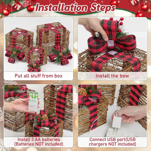 Miniatura 6 de LAWOHO - Juego de tres cajas de regalo de iluminación navideña de tres piezas de 31 cm, cajas de regalo LED operadas por batería y USB con imitación