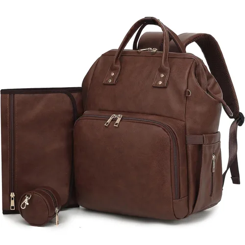 Miniatura 10 de ROSEGIN Mochila para pañales de piel vegana prémium con cambiador impermeable - Costuras y cremalleras reforzadas, bolsa de bebé para niño y niña