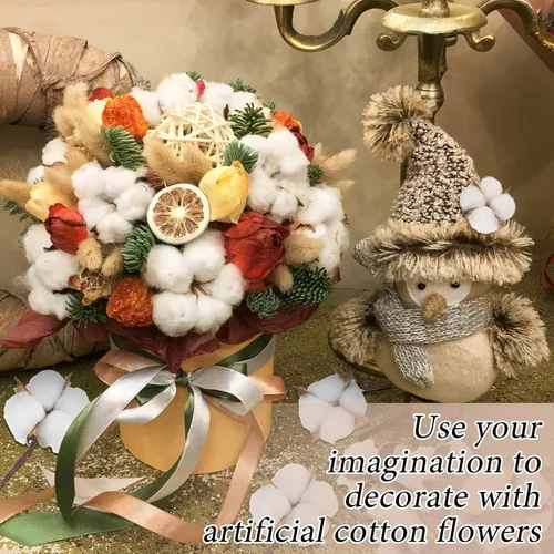 Miniatura 6 de 60 bolas de 60 bolas de algodón artificial, tallos de algodón antiguo, decoraciones de granja, jarrón de otoño falso, decoración de plantas secas