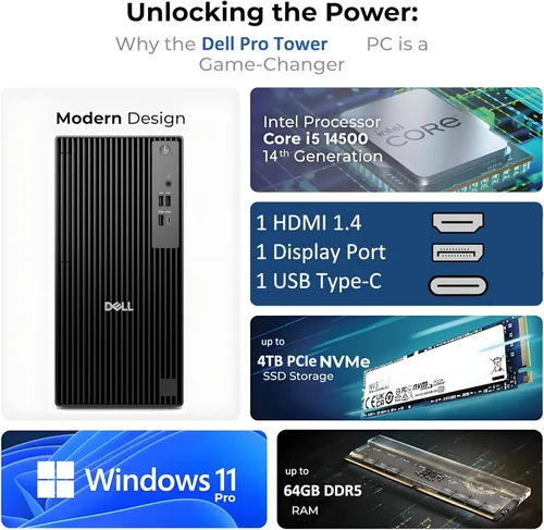 Miniatura 2 de Dell Pro Tower - Escritorio empresarial Intel Core i5-14500 vPro de 14ª generación (14 núcleos/20T), 8 GB DDR5 RAM, SSD PCIe de 512 GB, Intel UHD
