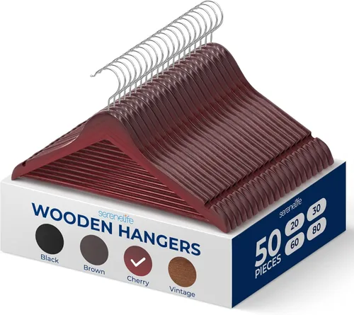 Miniatura 29 de SereneLife Paquete de 30 perchas de madera resistente – Juego de perchas de madera maciza con gancho giratorio de 360°, barra para pantalones