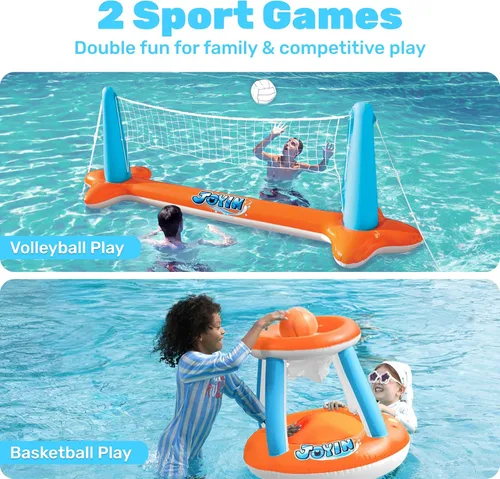 Miniatura 3 de JOYIN Juego de flotador inflable para piscina, red de voleibol y aros de baloncesto, juguete flotante de natación para niños y adultos, flotadores