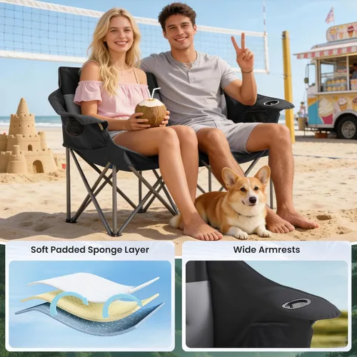Miniatura 9 de Silla plegable doble de camping para 2 personas, resistente y de gran tamaño, soporta 800 libras con portavasos y bolsillo lateral para campamento