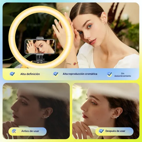 Miniatura 2 de Aureday - Anillo de luz para selfie de 14 pulgadas con soporte para trípode de 62 pulgadas y soporte para teléfono, anillo de luz LED regulable