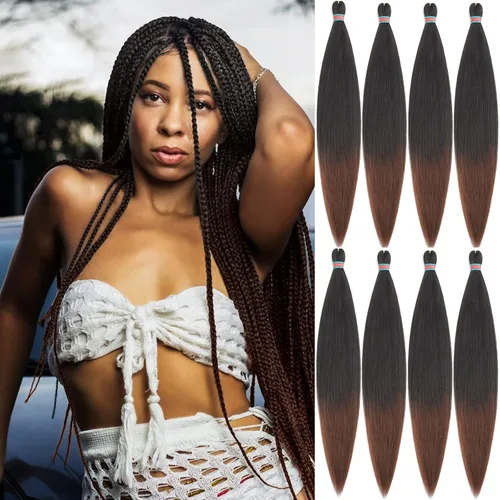 Miniatura 27 de Extensiones de cabello para trenzar verde+verde claro, preestiradas, 2 paquetes, con cabello plumoso pre-trenzado, extensiones de cabello