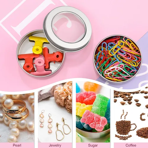 Miniatura 4 de TecUnite Paquete de 100 latas de metal de 2 onzas redondas vacías con tapa transparente para cocina, oficina, velas, dulces