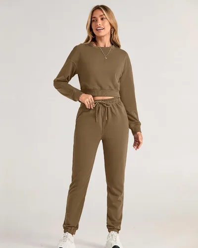 Miniatura 28 de BTFBM Conjunto deportivo de 2 piezas para mujer, camiseta corta de manga larga, sin botones, pantalón con cordón ajustable, pantalones deportivos