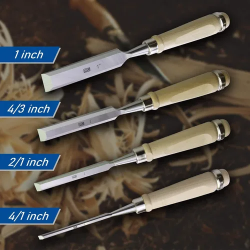 Miniatura 5 de Juego de 4 cinceles de madera para carpintería, acero al cromo-vanadio con asas de carpinteria, carpintería, tallado, artesano, 1/4 pulgadas, 1/2