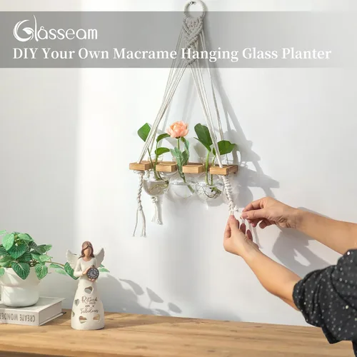 Miniatura 3 de Glasseam Estaciones de propagación de macramé colgantes: jarrones de propagación de vidrio para ventanas de pared para plantas hidropónicas