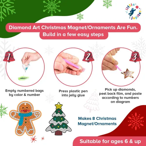 Miniatura 3 de Little Jupiter Juego de adornos de Navidad con imán y diamantes para niños, 16 piezas, manualidades de Navidad para niños, kits de adornos de Navidad