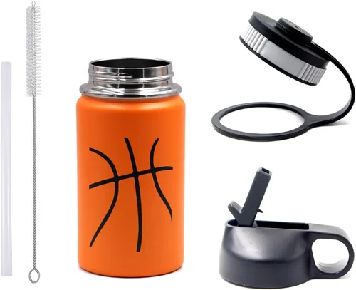 Miniatura 6 de Botella de agua de baloncesto de 12 onzas, botella de agua deportiva aislada al vacío de acero inoxidable con popote y 2 tapas, botella de agua