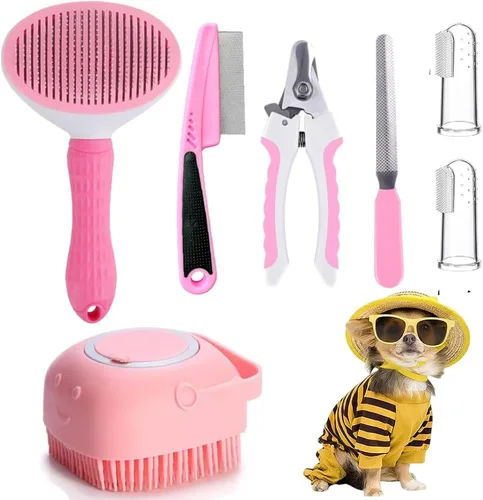 Juego de 7 cepillos de aseo para perros y gatos, cepillo deslizante autolimpiante, cortaúñas y lima para mascotas, peine de pulgas, cepillo de baño