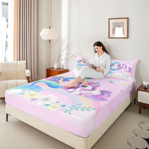 Miniatura 2 de Erosebridal Sábanas de cama de sirena azul para niñas, bonita sábana bajera ajustable de unicornio, 2 piezas, ropa de cama de arcoíris femenino