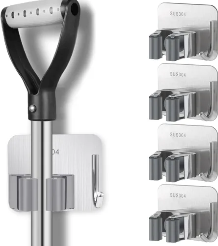 HYRIXDIRECT Soporte para escoba autoadhesivo sin necesidad de perforación, montaje en pared, organizador para fregona y escoba con gancho,