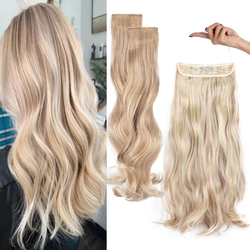 Miniatura 14 de Extensiones de cabello invisibles con halo mejorado con 3 piezas de diadema ajustable, largo, ondulado, extensiones de cabello rubio decolorado