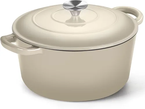 Miniatura 14 de P&P CHEF Horno holandés esmaltado de 5 cuartos de galón, olla holandesa de hierro fundido con tapa para hornear pan, olla esmaltada para asar, Caqui