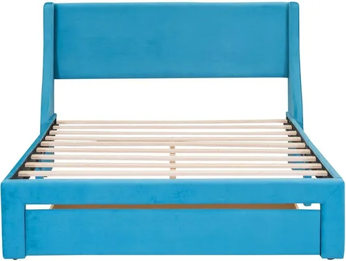 Miniatura 6 de Anwick Base de cama de terciopelo de tamaño matrimonial con cajón de almacenamiento, cama moderna tapizada con cabecera y listones de madera maciza