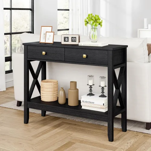 Miniatura 4 de Lomojo Mesa consola, mesa de sofá de 13.8 pulgadas de profundidad x 39.37 pulgadas de ancho x 31.5 pulgadas, mesa de entrada con 2 cajones, estante
