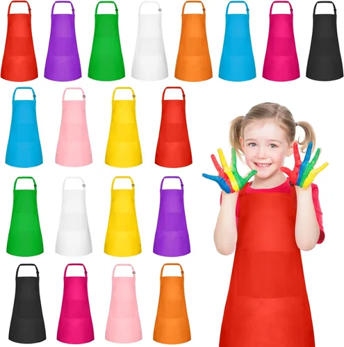 Miniatura 9 de PLULON 10 delantales para niños con 2 bolsillos, delantales de pintura a granel, delantales de pintura ajustables, delantales de chef para niñas, 10