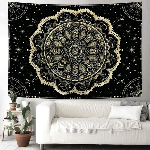 Miniatura 4 de Delur Tapiz de mandala negro y dorado, astrología, espacio, hippie bohemio, medallón floral, tapiz para colgar en la pared, estético, cabecero
