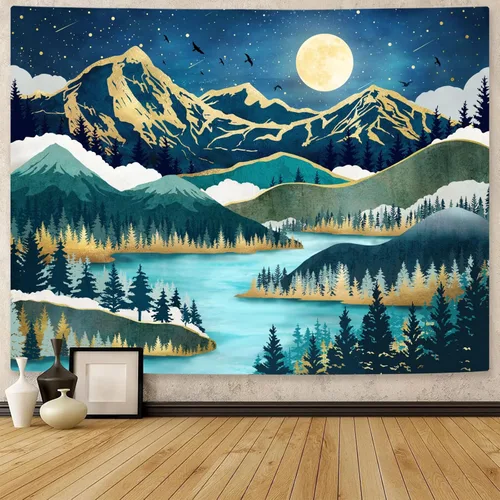 Neasow Tapiz de luna de montaña, bosque natural, árbol, lago, paisaje, estrellas, noche estrellada, decoración de pared azul azulado para el hogar,