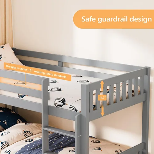Miniatura 5 de JOYMOR Litera baja de madera maciza individual sobre individual para niños/jóvenes, marco de cama con barandillas y escalera para niños y niñas,