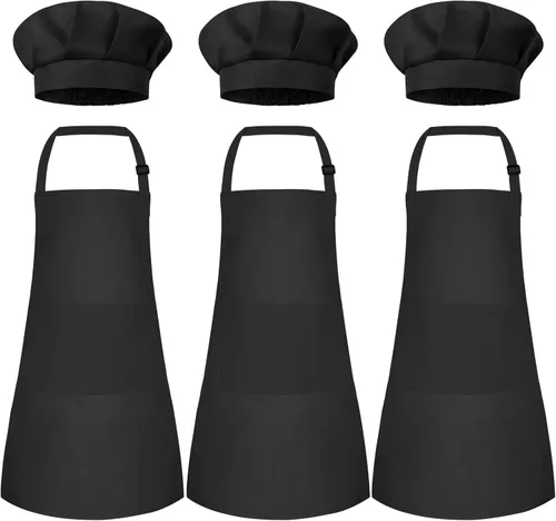 Miniatura 30 de Conjunto de Delantal y Gorro de Chef para Niños, Delantal Infantil Ajustable con 2 Bolsillos, para Niños Chef y Pintura, Cocinar, Hornear