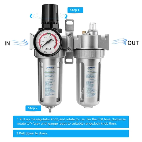 Miniatura 3 de NANPU 1/2" NPT Regulador de presión de filtro de aire Lubricador Kit de medidor de secador de agua/aceite Separador de trampa 3 en 1 Unidad gemela