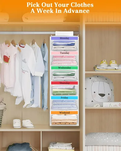 Miniatura 4 de punemi Organizador semanal de ropa para niños, 6 estantes colgantes con bolsillos laterales, diseño de días de la semana, 11.8 x 11.8 x 37.8