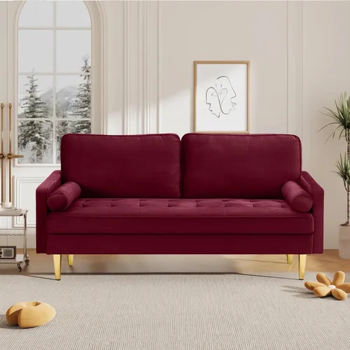 Miniatura 7 de Sofá biplaza moderno de terciopelo de 67 pulgadas, sofá biplaza tapizado con mechones de mediados de siglo con 2 almohadas y 4 patas doradas, sofás