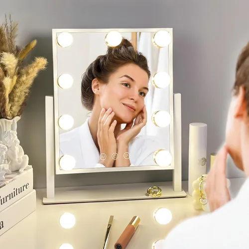 Miniatura 7 de Espejo de tocador con luces, espejo de maquillaje con 3 modos de iluminación, espejo iluminado con sensor táctil, alimentado por CA, giratorio 360°