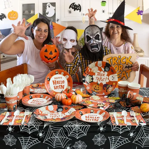 Miniatura 2 de ATFUNSHOP Mantel de plástico de Halloween, 4 unidades, 54 x 108 pulgadas, mantel rectangular desechable, tela de araña negra, impermeable, a prueba