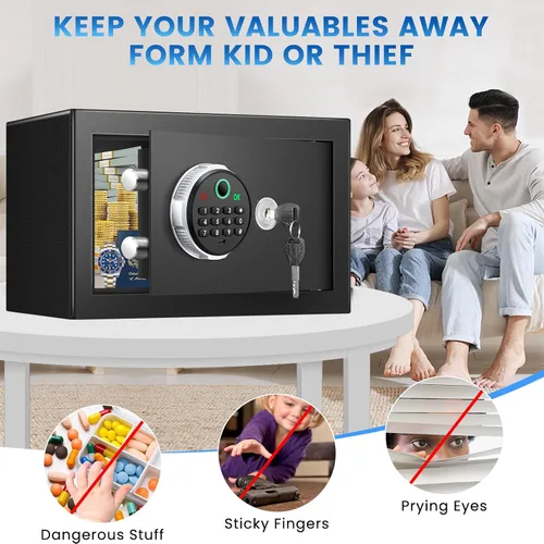 Miniatura 7 de Pequeña caja de seguridad biométrica inteligente para el hogar, mini caja fuerte para el hogar con alertas dobles antirrobo, modo silencioso