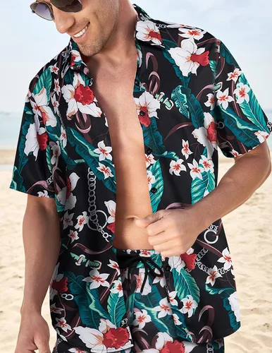 Miniatura 2 de Camisa hawaiana de 2 piezas para hombre, camisa de manga corta con botones