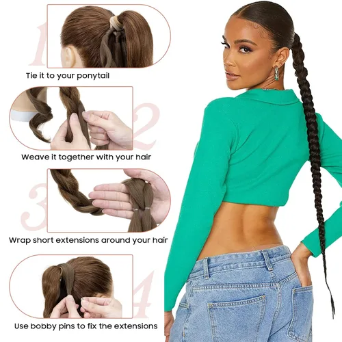 Miniatura 4 de S-noilite 2 extensiones de cabello sintético trenzado largo con banda para el cabello, trenzas de cabello rubio trenzado, extensión de cola