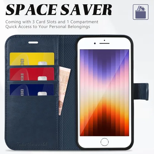 Miniatura 3 de TUCCH Funda tipo cartera para iPhone SE 2022/SE 2020/iPhone 8/7, de piel sintética de alta calidad con soporte, ranura para tarjetas, cierre Azul